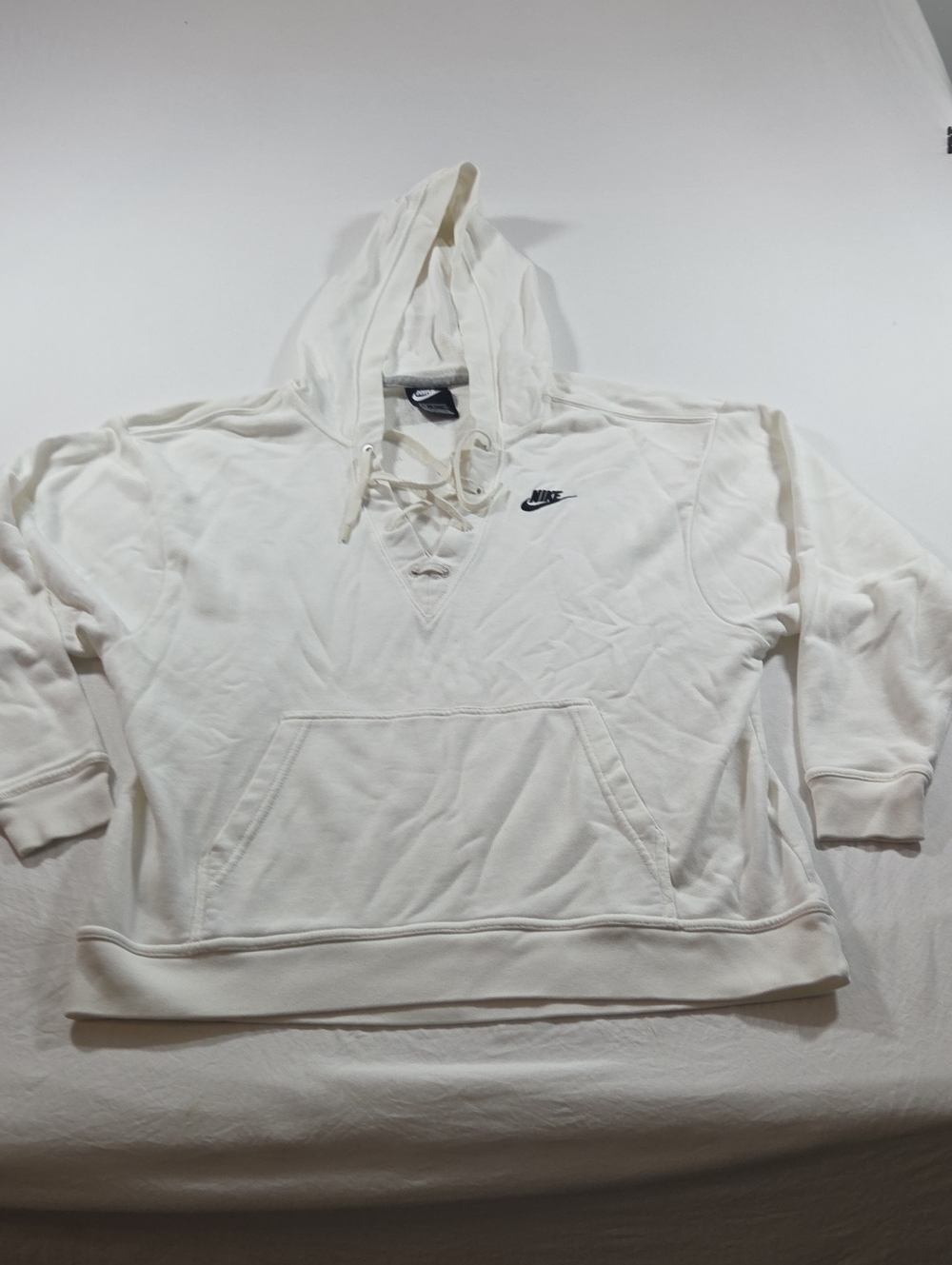 Nike White Lace-Up Pullover Hoodie with Black Swoosh Oversized Atheletic Boxy